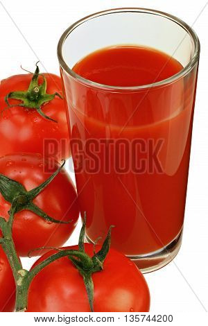 Glass of tomato juice and ripe tomatoes isolated on white background with clipping path