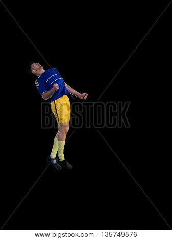 Soccer professional player in blue uniform on training black background