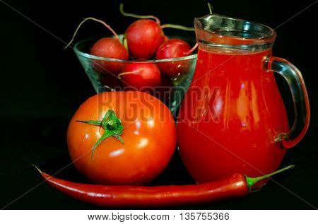 red juices in glasses and fruits and vegetbles