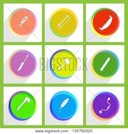9 images: two-handled saw, ruler, hand drill, hacksaw, mallet, feather, knife, screwdriver, axe. Angularly set. Internet template. Vector icons.
