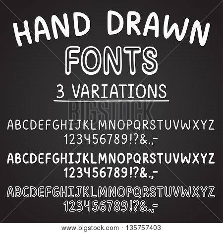 3 hand drawn fonts: thin bold and outlined. White chalk on blackboard. Cute cartoon vector typeface.