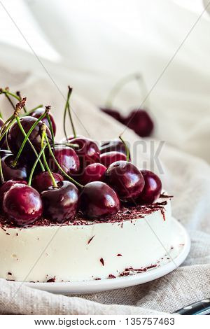 Vanilla bavarian mousse cake with cherries and dark chocolate. Made with cream cheese and whipped cream. White plate and light background.