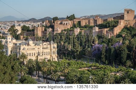 A panoramic view of Malaga town hall and Alkazaba above it.