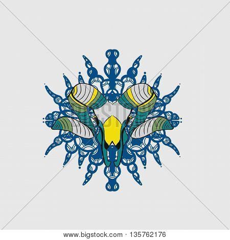 Blue and yellow goat skull. Hand drawn