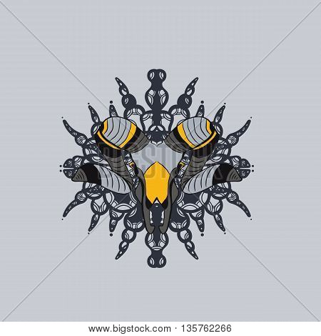 Gray and yellow goat skull. Hand drawn
