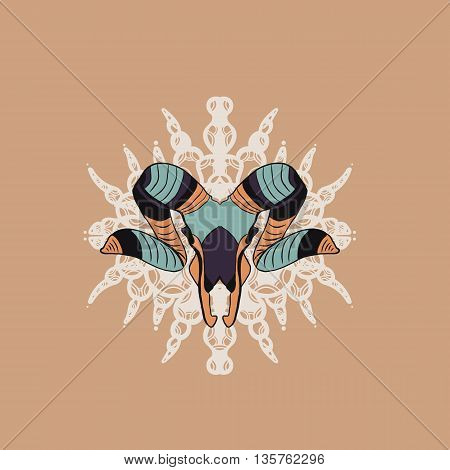 Orange and green goat skull. Hand drawn