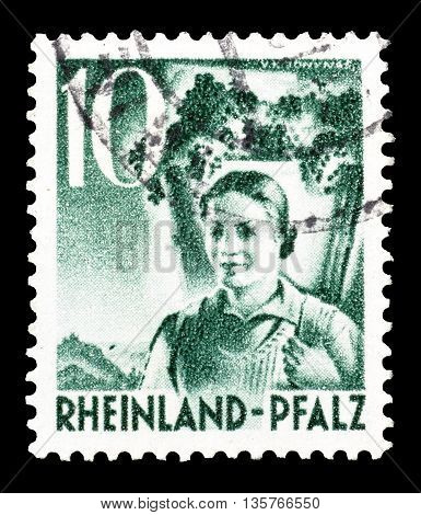 RHEINLAND - CIRCA 1948 : Cancelled postage stamp printed by Rheinland, that shows woman.