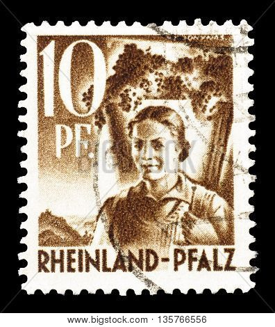 RHEINLAND - CIRCA 1948 : Cancelled postage stamp printed by Rheinland, that shows woman.