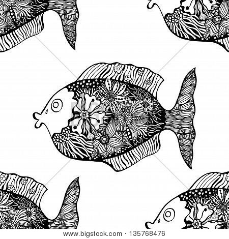 Seamless background of abstract fish: pipefish and small fish, plants, hand drawn . Black and white vector illustration.