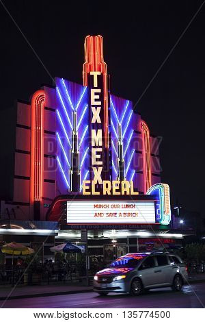 HOUSTON USA - APR 12: Texmex restaurant El Real neon sign illuminated at night. April 12 2016 in Houston Texas United States