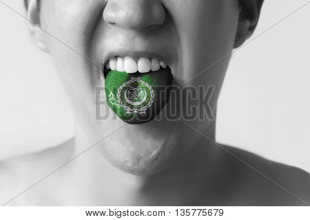 Arab League Flag Painted In Tongue Of A Man - Indicating Arabic Language And Speaking - Arab League