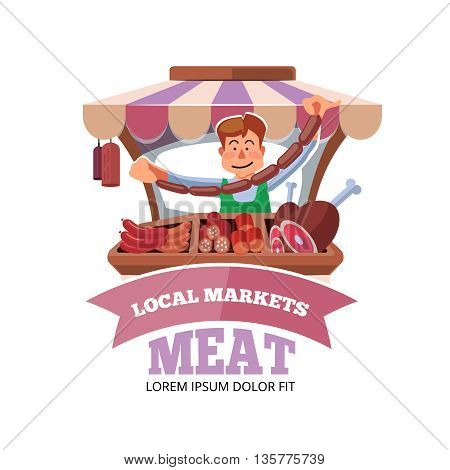 Vector illustration in flat style of farmer selling fresh meat in local market. illustration isolated on white background.