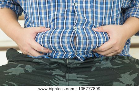 Fat belly . Man with overweight abdomen .
