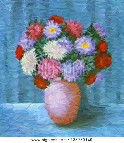 Flowers, Bouquet of Asters in a Pot, Low Poly Geometrical Polygonal Colorful Pattern. Vector