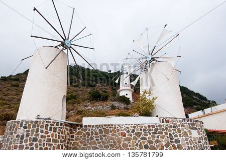 Windmills at Lasithi plateau. Crete Greece traditional
