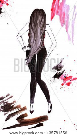 Woman leaned forward, ink drawing. Fashion illustration. Ink sketch on white background