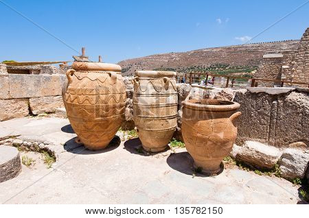 The Pithoi or storage jars at the Knossos palace on the island of Crete Greece.