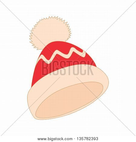 Red and white knitted hat icon in cartoon style on a white background