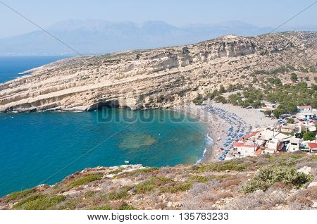Panoramic view of Matala village and Matala beach on the Crete island Greece.