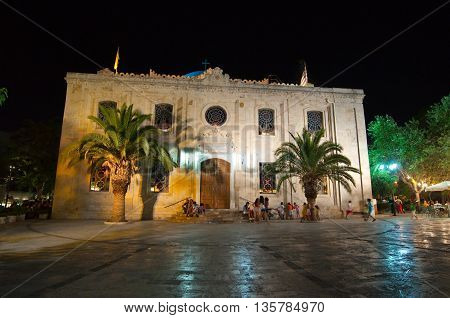 CRETE HERAKLION-JULY 25: Church of Saint Titus at night on July 25 2014 in Heraklion on the Crete island Greece.