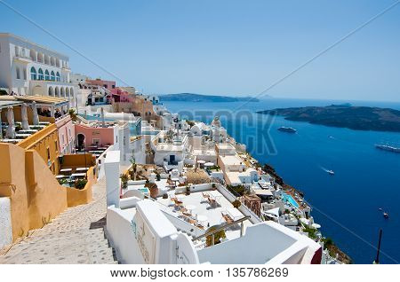 SANTORINIFIRA-JULY 28: Fira cityscape on July 282014 in Fira town on Santorini Greece. Fira is the modern capital of the Greek Aegean island Santorini.