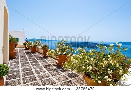 Cosy patio with flowers in Fira town on the island of Thera(Santorini) Greece.
