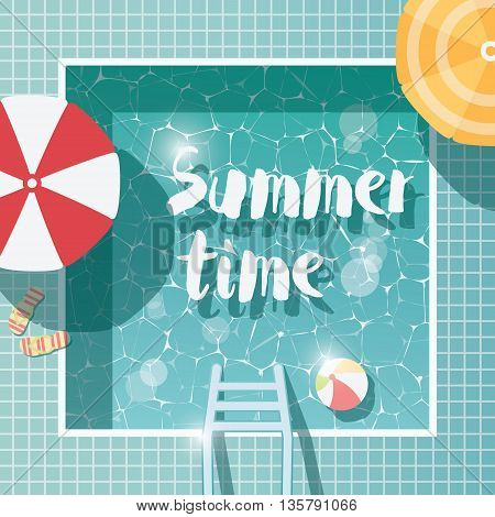 Swimming pool top view summer time holiday vacation clear water with parasols vector illustration