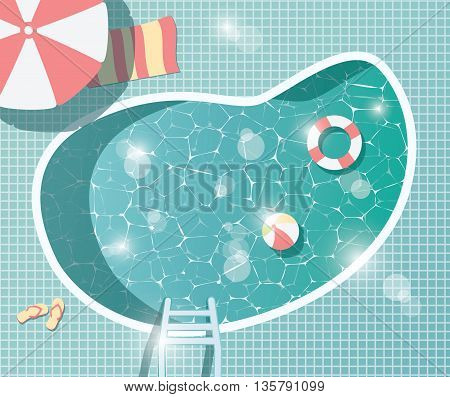 Swimming pool top view summer time holiday vacation clear water with parasols vector illustration