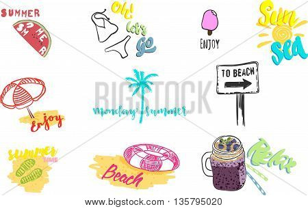 Vector illustrations for summer holiday, travel agency, restaurant and bar, menu, sea and sun, beach vacation and party.