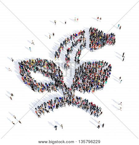 Large and creative group of people gathered together in the shape of watering flowers, garden, picture. 3D illustration, isolated against a white background.