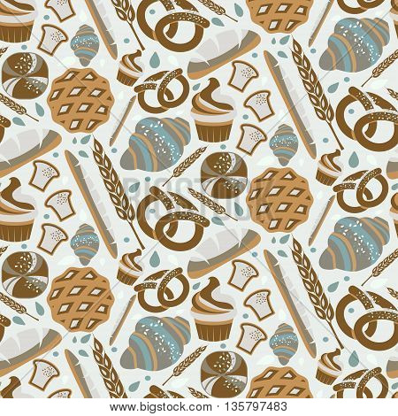Seamless Pattern For Bakery Theme With Bread,loaf, Croissant, Cupcakes, Pretzel And Spike. Vector Il
