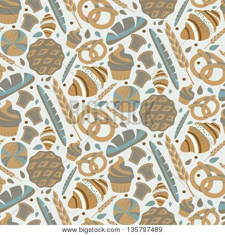Seamless Pattern For Bakery Theme With Bread,loaf, Croissant, Cupcakes, Pretzel And Spike. Vector Il