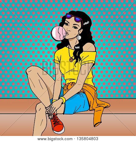 Vector illustration of a pretty girl sitting and blowing the bubble from chewing gum.