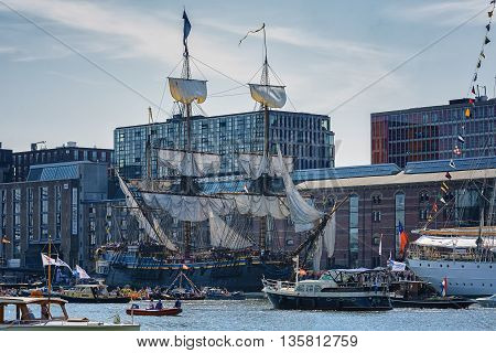 Amsterdam, Netherlands - August 20: SAIL Amsterdam 2015 is an immense flotilla of Tall Ships maritime heritage naval ships and impressive replicas August 20, 2015 in Amsterdam, Netherlands