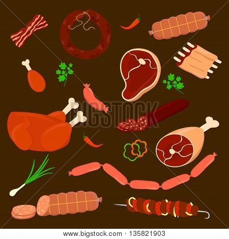set vector isolated sausage and meats. set of different kinds of meat. sliced sausage on brown background vector collection.