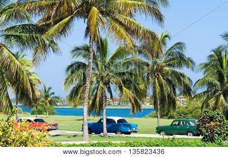 American classic cars parked in Varadero Cuba