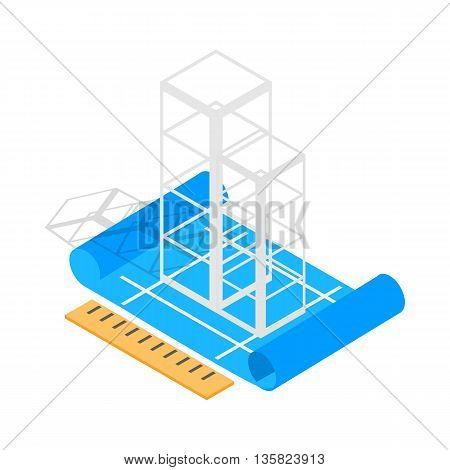 Building construction plan icon in isometric 3d style on a white background