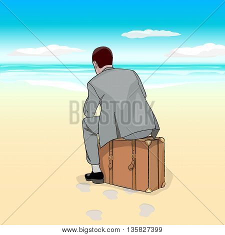 Beach. A man in a business suit sitting on a suitcase at the beach. Vector illustration.