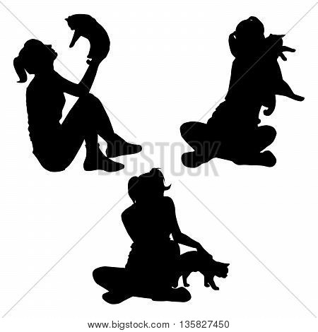 Vector silhouette of young girl with a cat. Young girl with a cat in her arms sitting cross-legged.