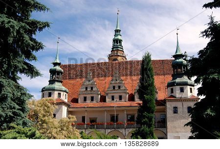Bregz Poland - June 16 2010: Handsome facade with balconies Hanseatic dormers cupolas and clock tower of the 1570-77 Ratusz (Town Hall)