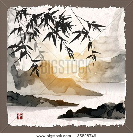 Bamboo trees, sun and mountains. Traditional Japanese ink painting sumi-e on vintage background. Contains hieroglyph - happiness.