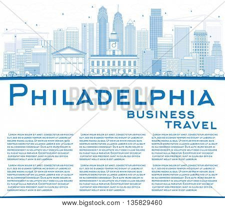 Outline Philadelphia Skyline with Blue Buildings and Copy Space. Vector Illustration. Business Travel and Tourism Concept with Philadelphia City Buildings. Image for Presentation Banner Placard