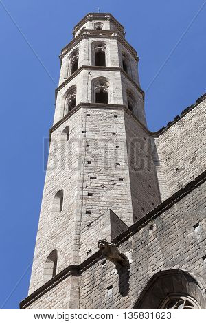 Tower of Catalan Gothic church Santa Maria del Mar Barcelona Spain.