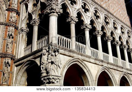 Venice Italy - June 11 2006: Open loggia at the Doges Palace built between the 12th to 16th centuries in the pure Venetian gothic style in Piazza San Marco