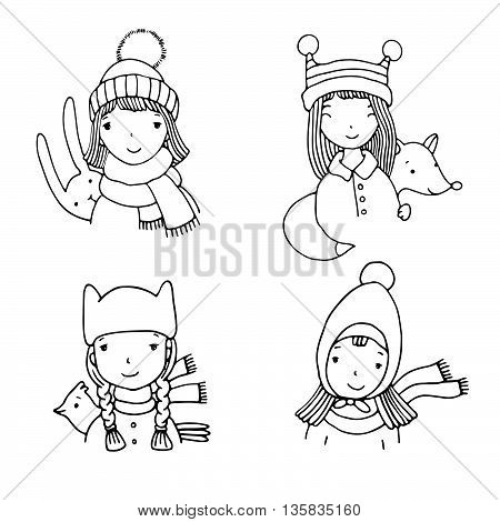 Beautiful girls in hats. Hand drawn vector illustration on a white background.