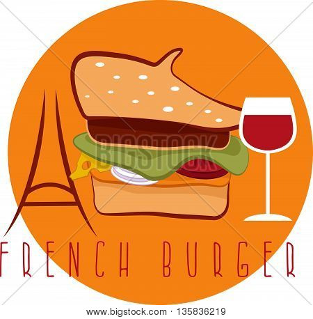 French Burger Concept With Beret Hat ,eiffel Tower And Wine Vector Design Template