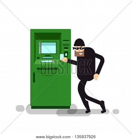 Stock Vector isolated illustration thief steals money from ATM, green cash machines