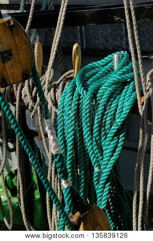 Rigging of a sailing ship ropes and block