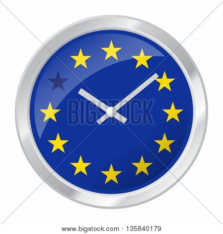 Vector illustration of clock face with EU flag and one star muted symbolizing BREXIT isolated on white EPS 10