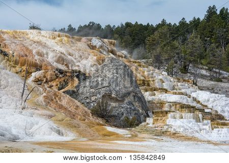 Water from Mamoth Hotsprings cascades down terraces leaving white and brown deposits behind.